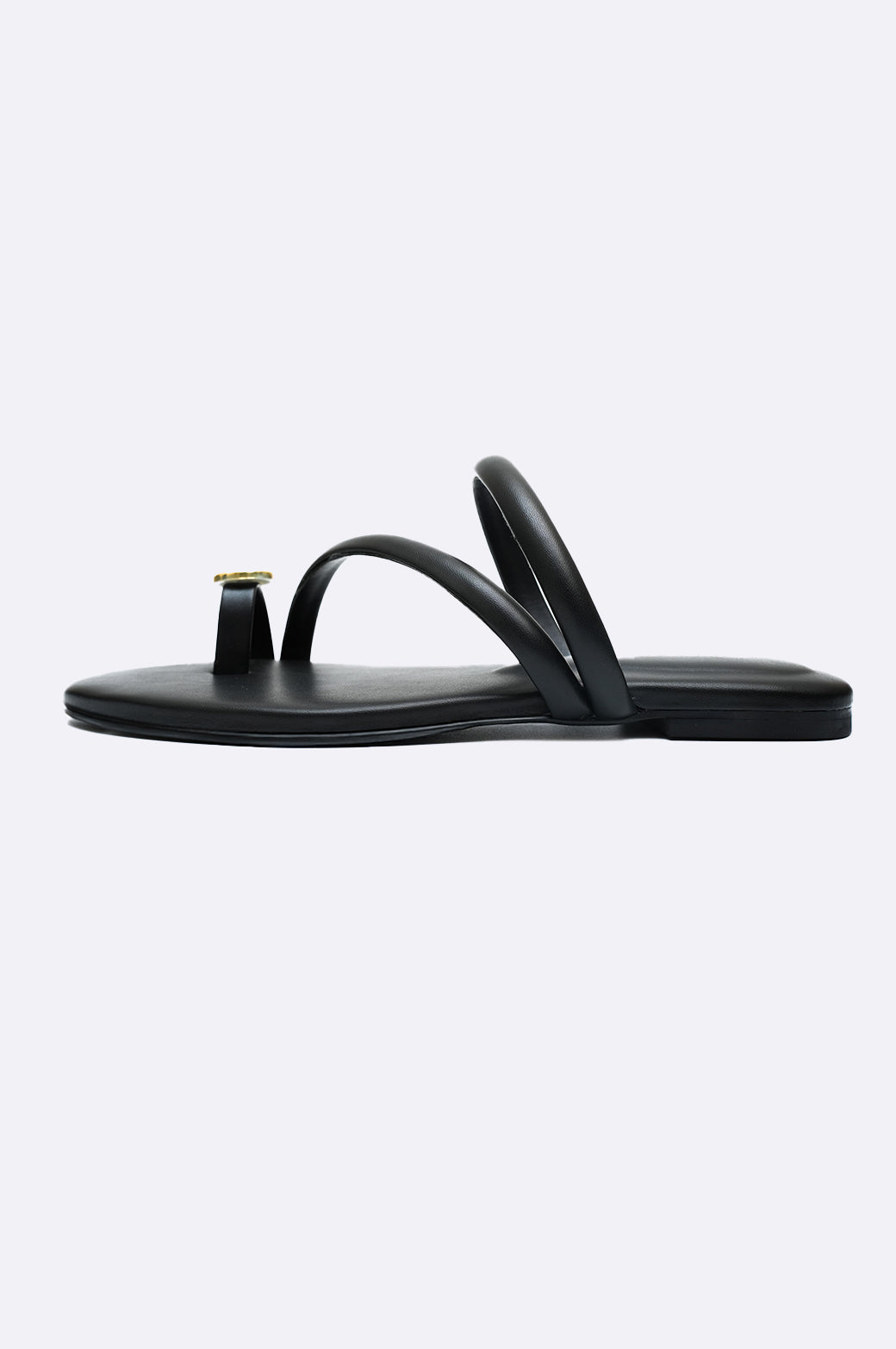 Cool Cami black leather handmade flat sandal with gold toe detail and double straps, luxury minimalist footwear for women from UAE.