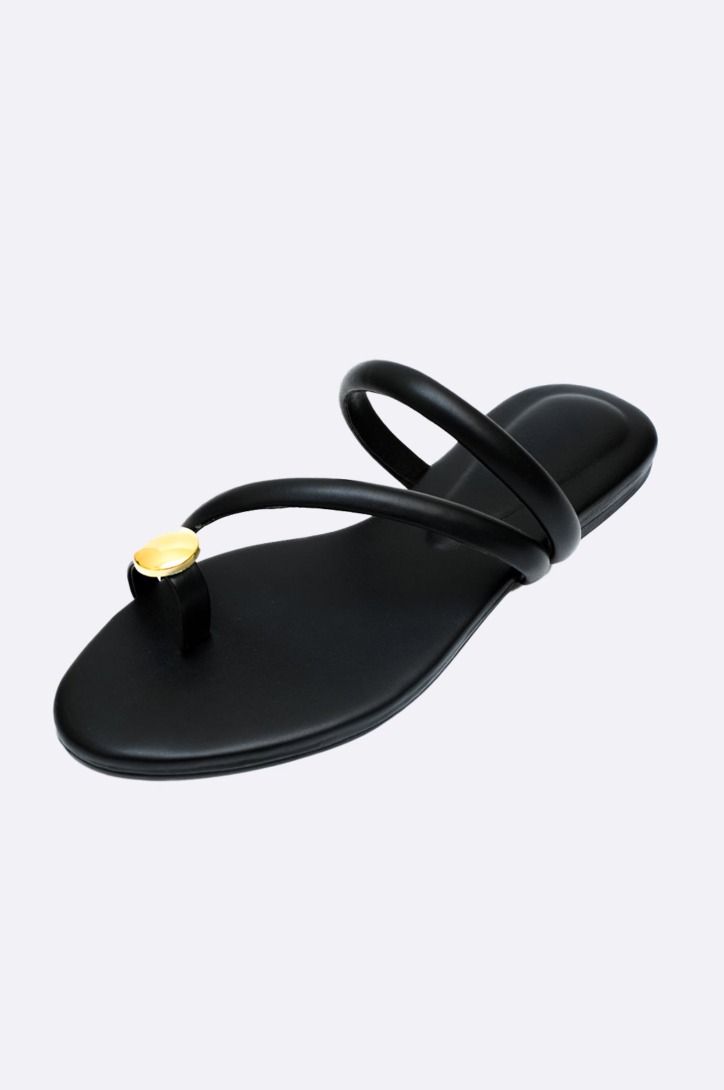 Cool Cami black leather handmade flat sandal with gold toe detail and double straps, luxury minimalist footwear for women from UAE.