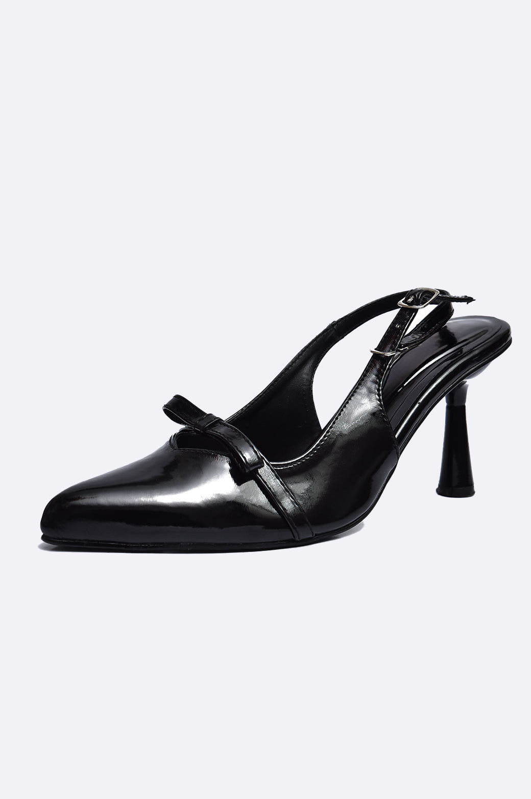 Cool Cami handmade black patent leather pointed-toe slingback heel with buckle and tapered heel, luxury women’s shoe from UAE.
