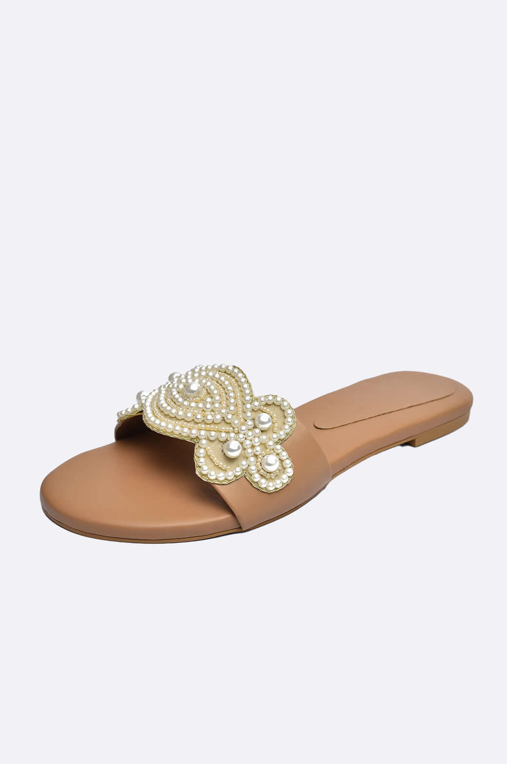 Handmade Pearl Bloom tan leather flats with 3D floral appliqué, ideal ladies footwear from UAE, perfect for special occasions.