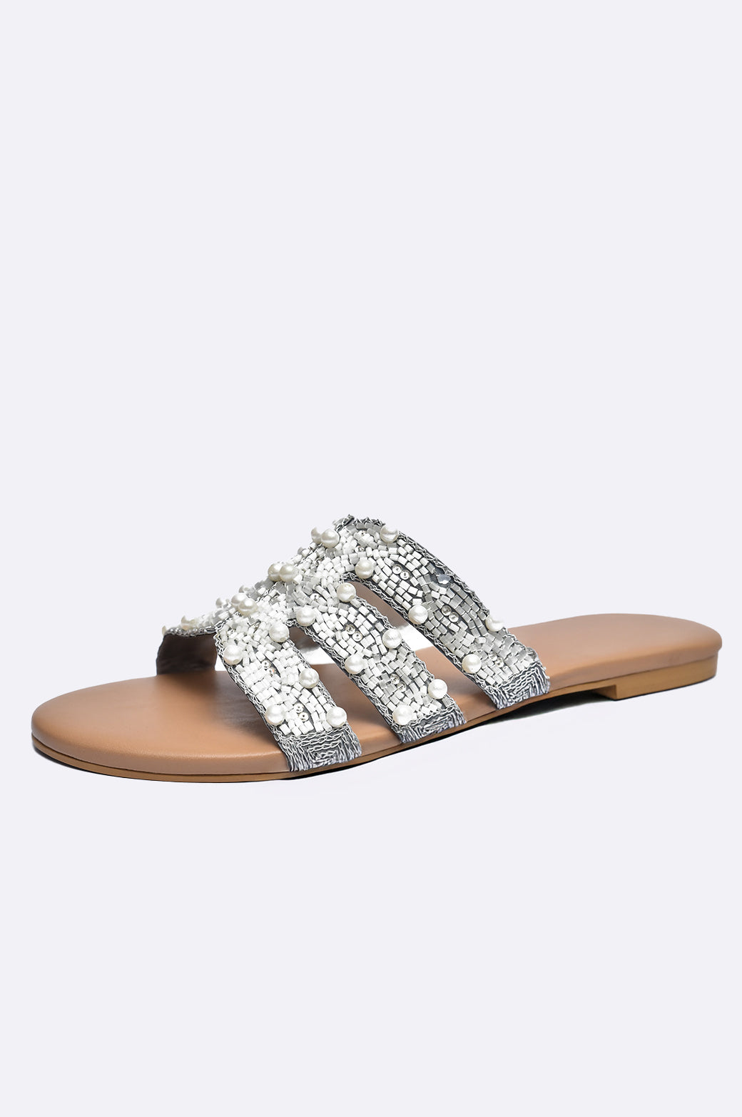 Cool Cami handmade flat sandal with pearl and sequin embellished multi-strap upper, tan sole, luxury women’s shoe from UAE.