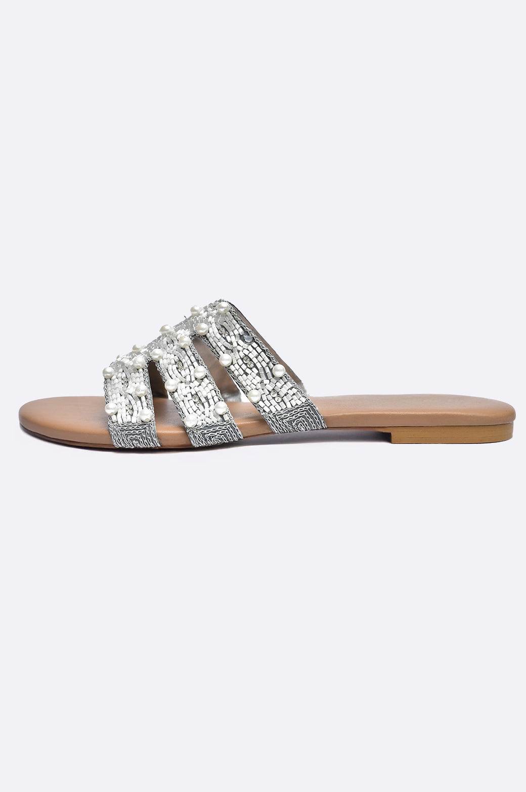 Cool Cami handmade flat sandal with pearl and sequin embellished multi-strap upper, tan sole, luxury women’s shoe from UAE.