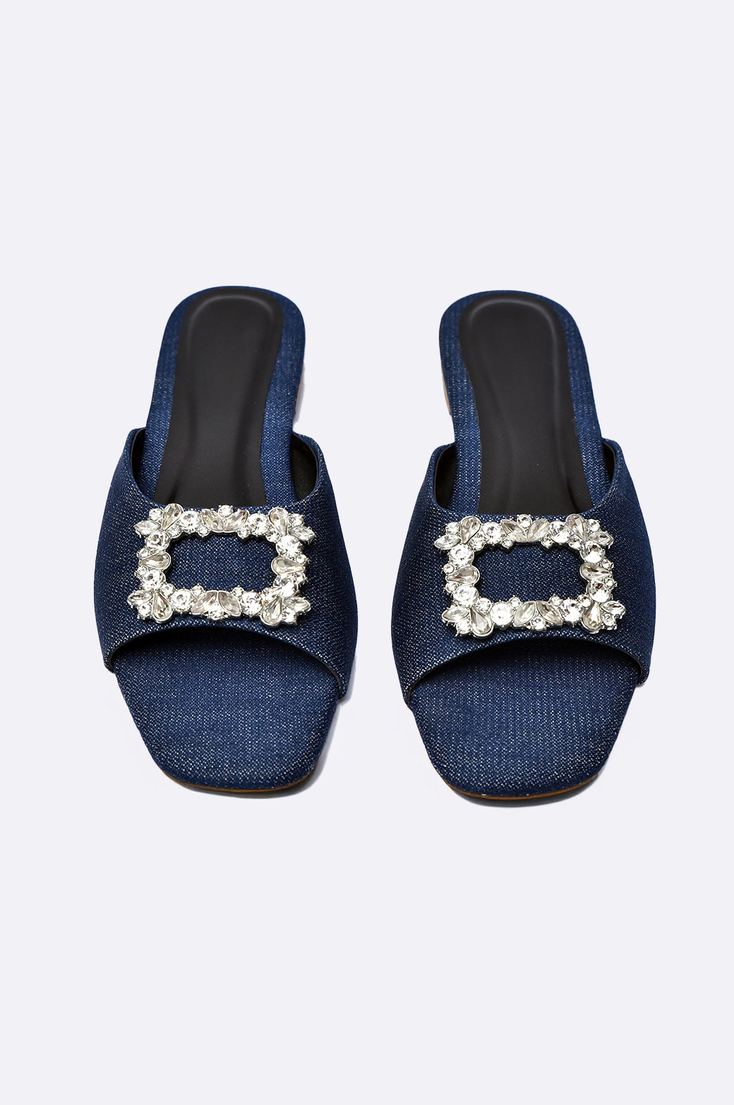Cool Cami handmade blue luxury slide with crystal buckle, designer women’s flat from UAE.