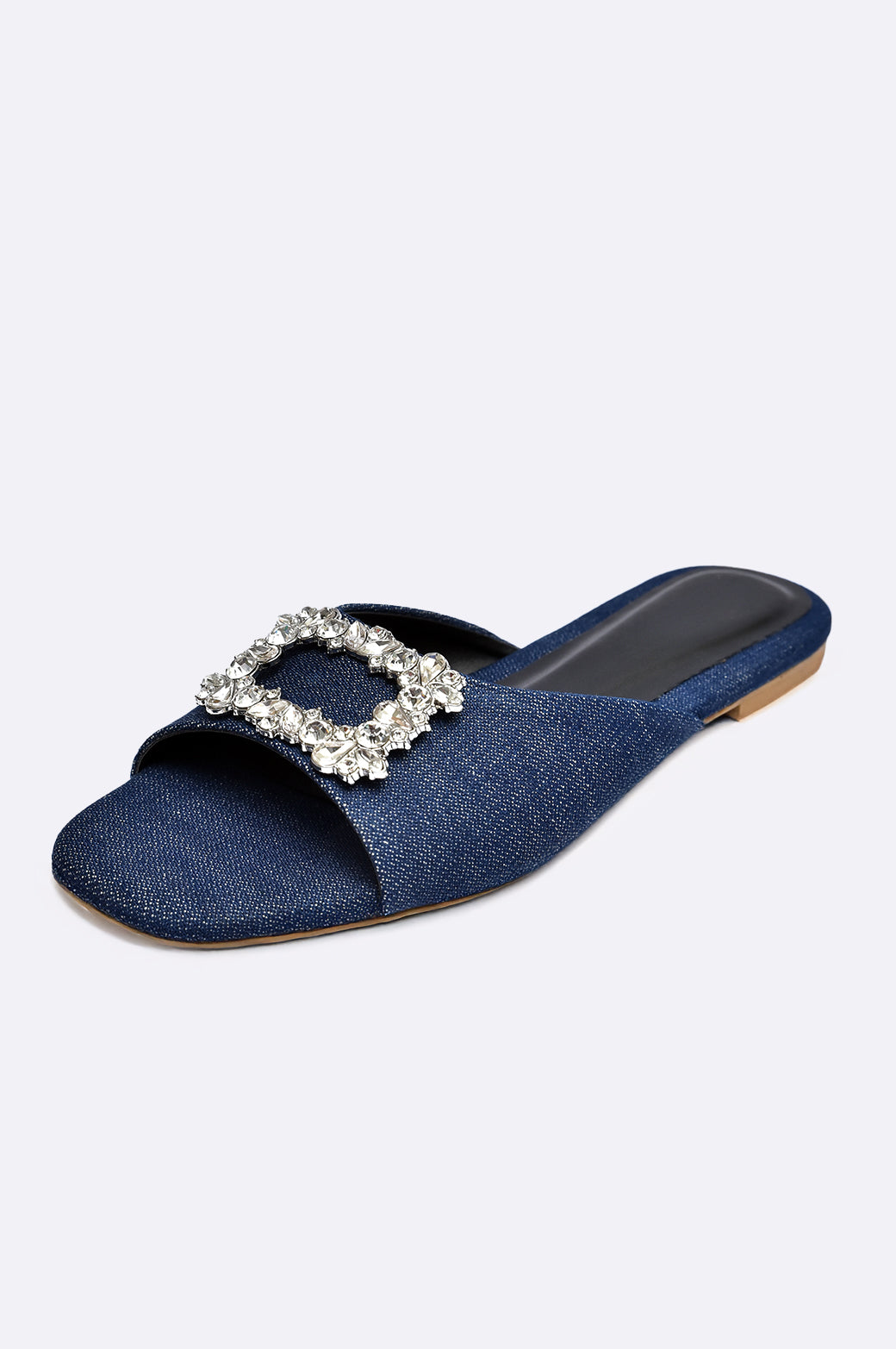 Cool Cami handmade blue luxury slide with crystal buckle, designer women’s flat from UAE.