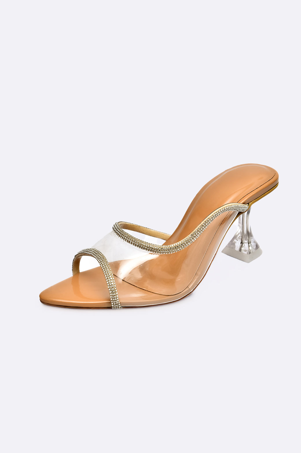 Cool Cami transparent high heel with crystal trim and sculpted square base, handmade luxury shoe from UAE.
