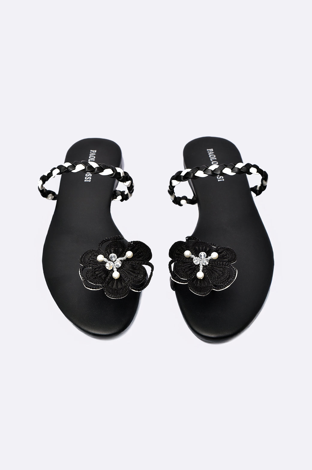 Handmade black leather luxury flat sandal with floral embroidery and pearl detail by Cool Cami, UAE.