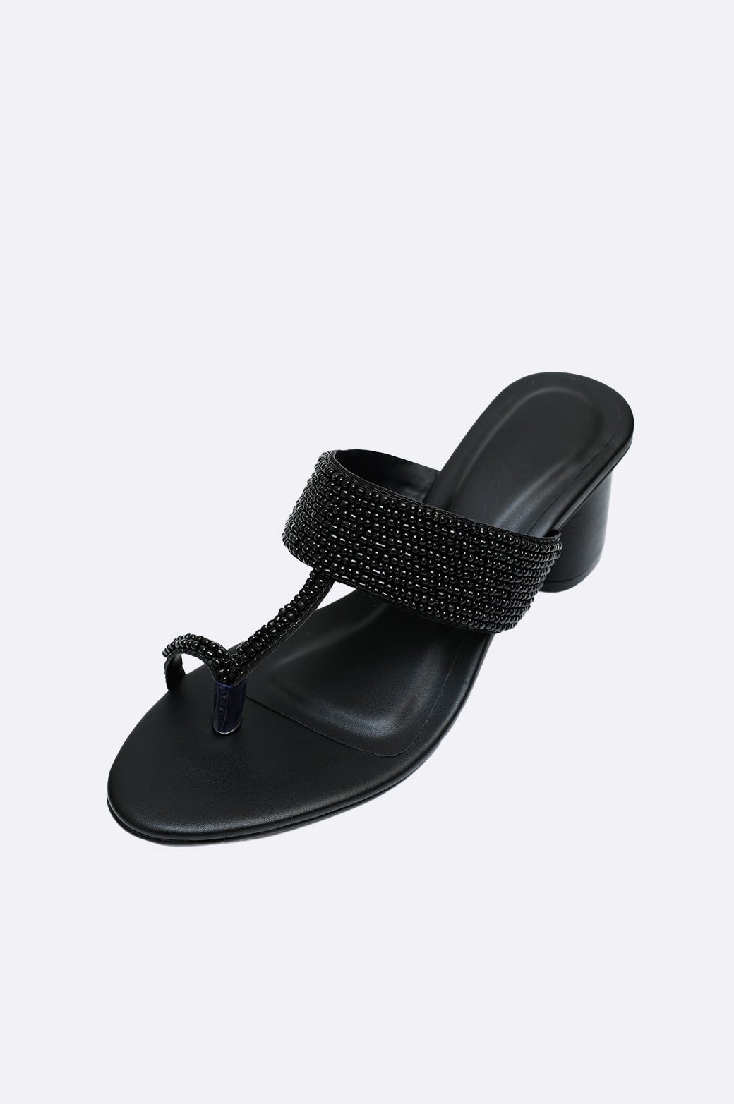 Cool Cami handmade black block heel sandal with beaded strap and toe loop, luxury women’s shoe from UAE.