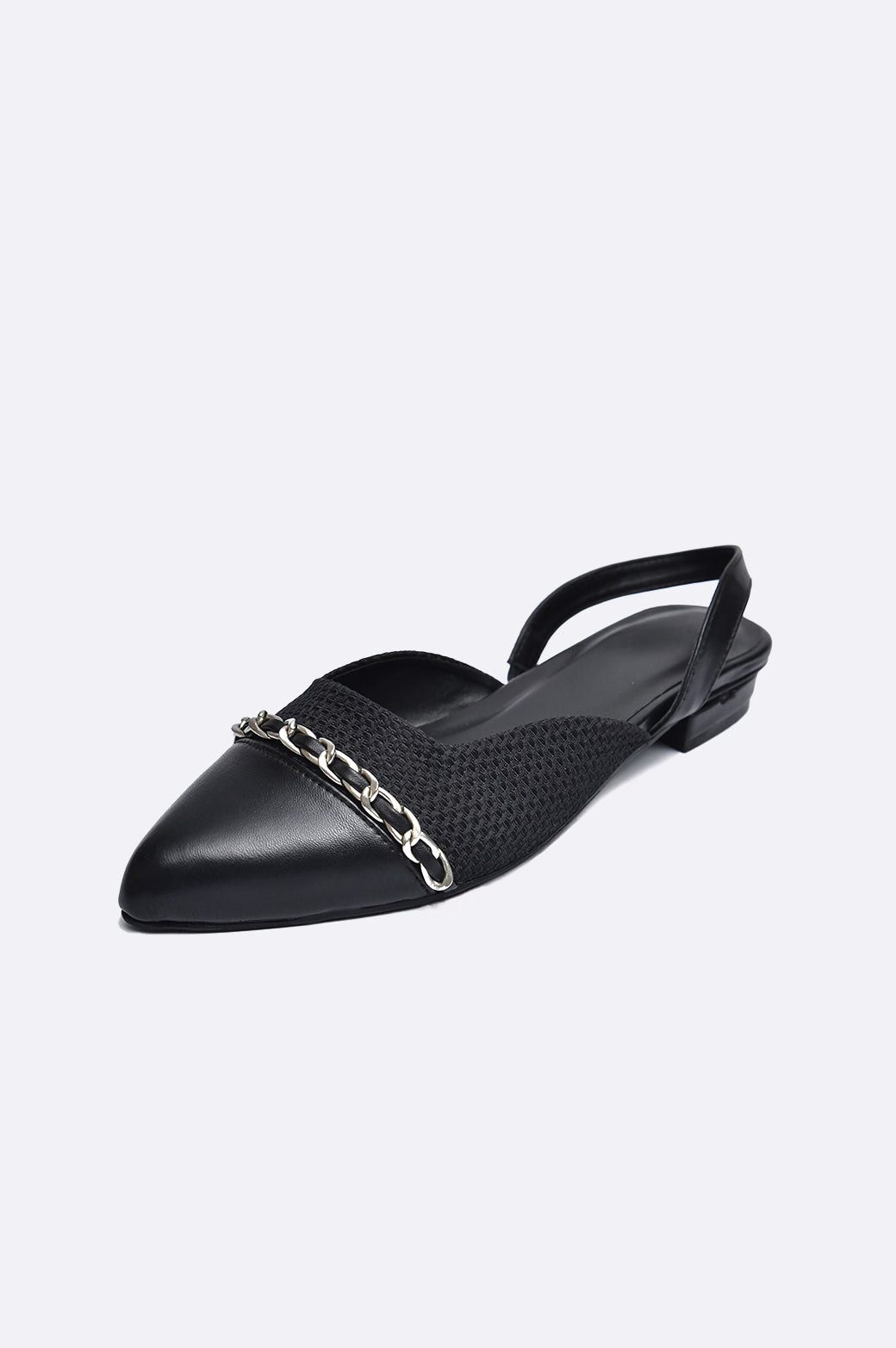 Cool Cami handmade black pointed-toe slingback flat with woven upper and silver chain detail, luxury women’s shoe from UAE.