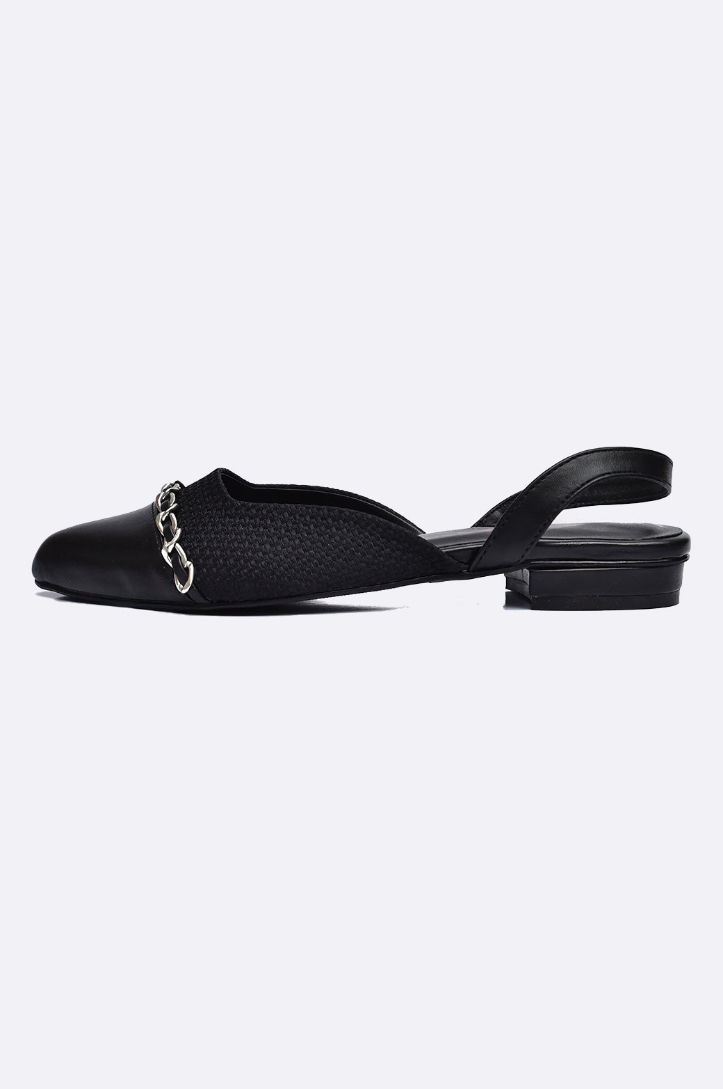 Cool Cami handmade black pointed-toe slingback flat with woven upper and silver chain detail, luxury women’s shoe from UAE.
