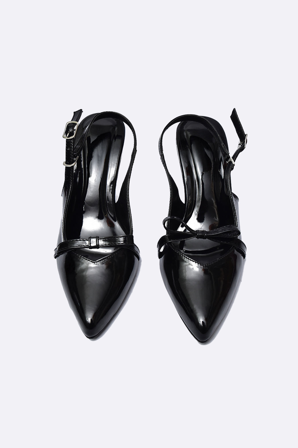 Cool Cami handmade black patent leather pointed-toe slingback heel with buckle and tapered heel, luxury women’s shoe from UAE.