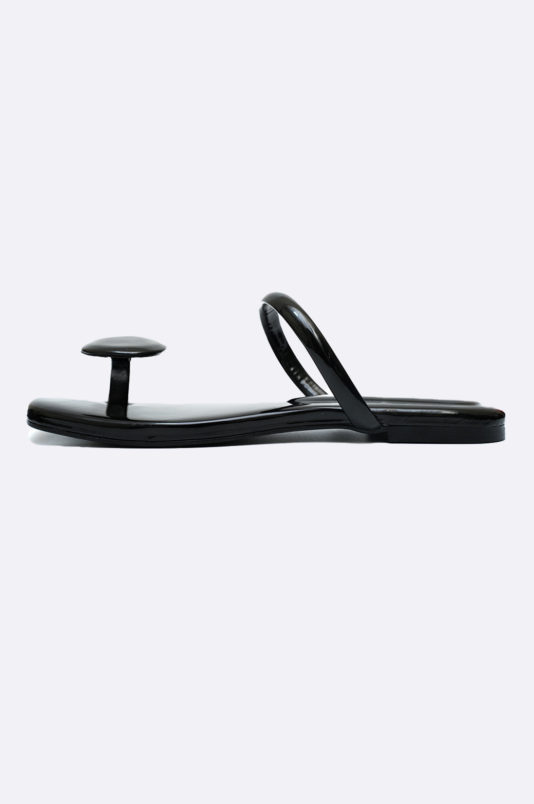 Cool Cami handmade black patent flat slipper with rounded toe post and minimalist double strap, luxury women’s shoe from UAE.