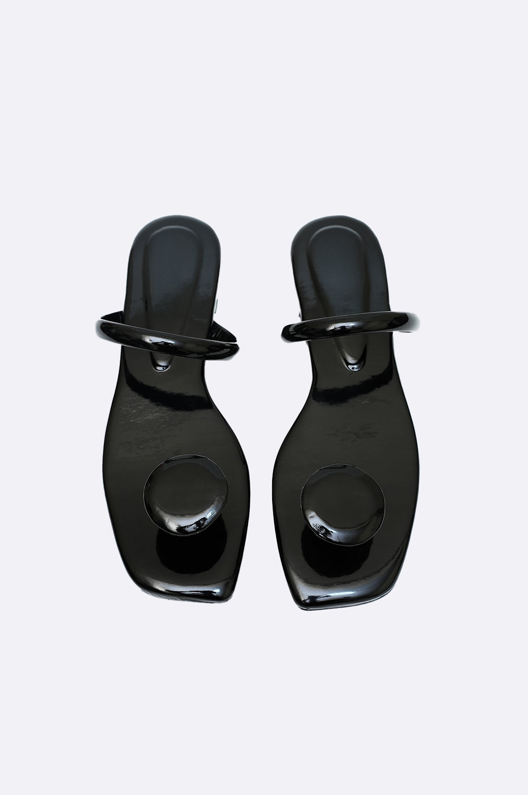 Cool Cami handmade black patent flat slipper with rounded toe post and minimalist double strap, luxury women’s shoe from UAE.