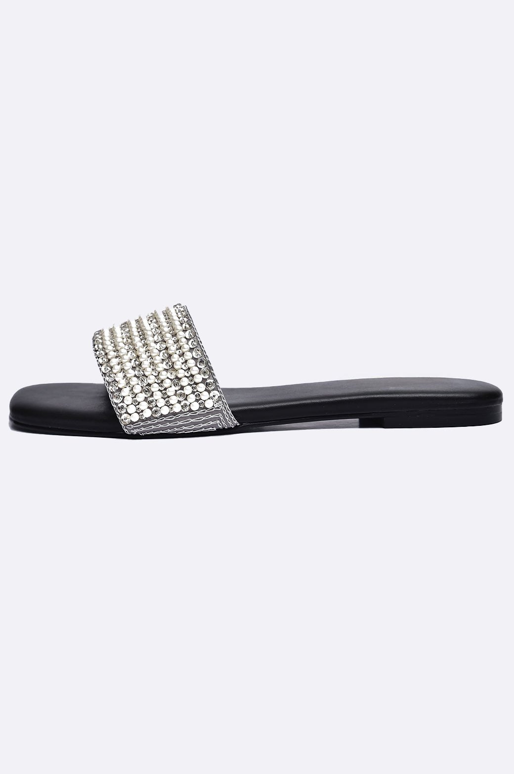 Cool Cami black handmade flat slipper with pearl and crystal embellished strap, luxury women’s footwear UAE.