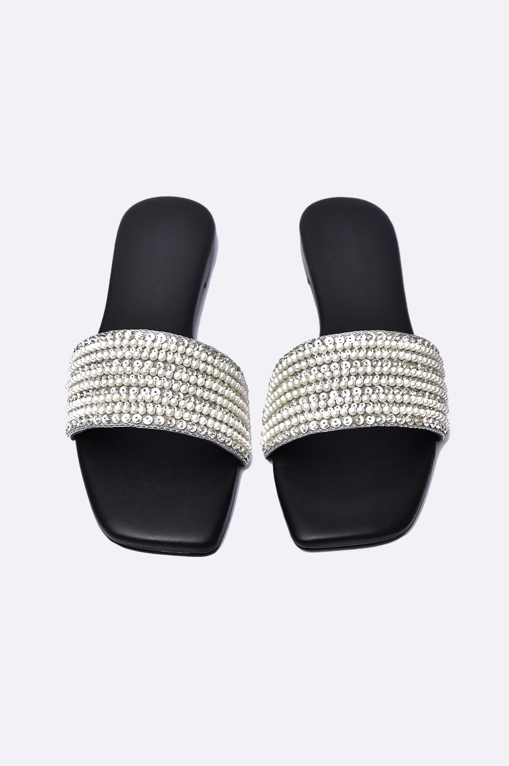 Cool Cami black handmade flat slipper with pearl and crystal embellished strap, luxury women’s footwear UAE.