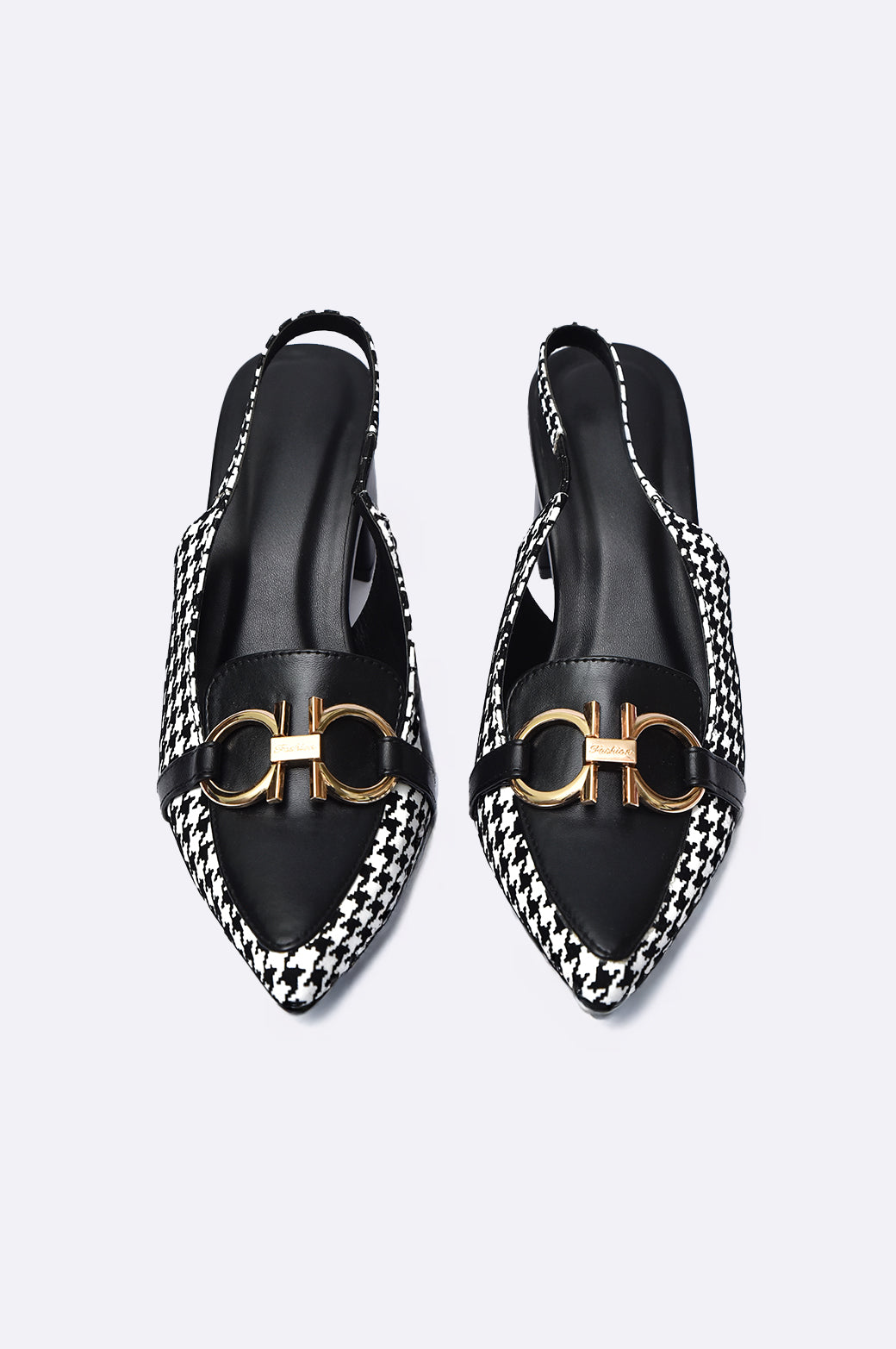 Cool Cami handmade slingback heel in houndstooth black and white print with gold buckle and leather toe, luxury footwear UAE.