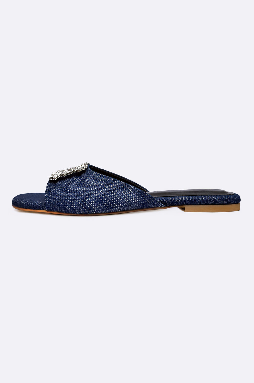 Cool Cami handmade blue luxury slide with crystal buckle, designer women’s flat from UAE.