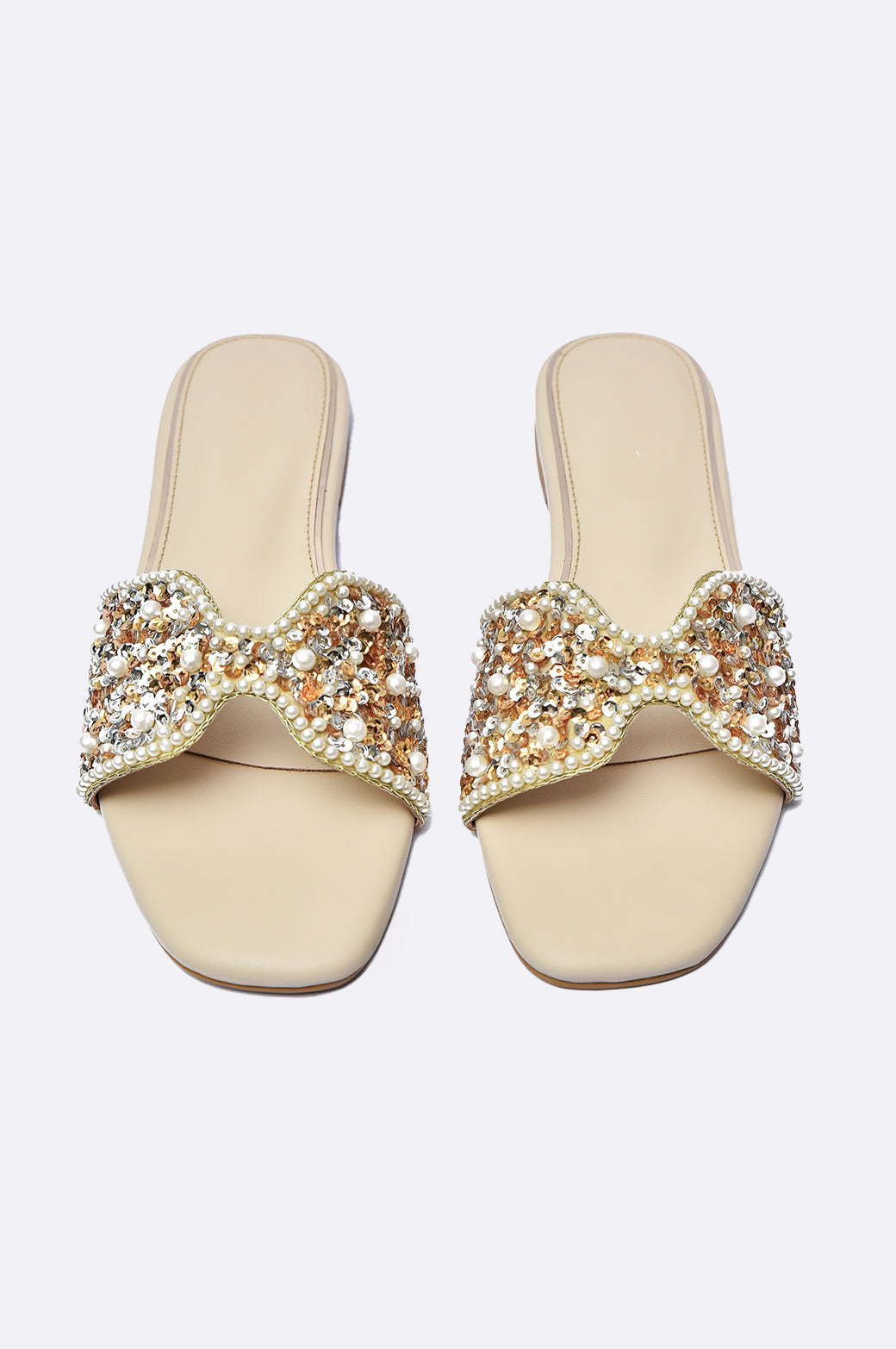 Cool Cami beige flat sandal with pearl and sequin embellished strap, handmade women’s luxury footwear UAE.