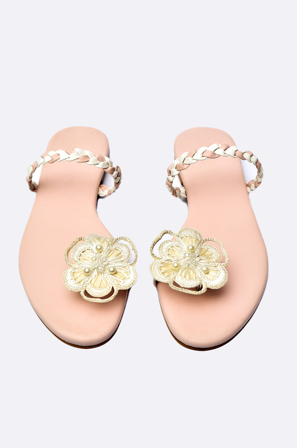 Cool Cami blush pink handmade flat sandal with floral embroidery and braided strap, luxury women's footwear from UAE.