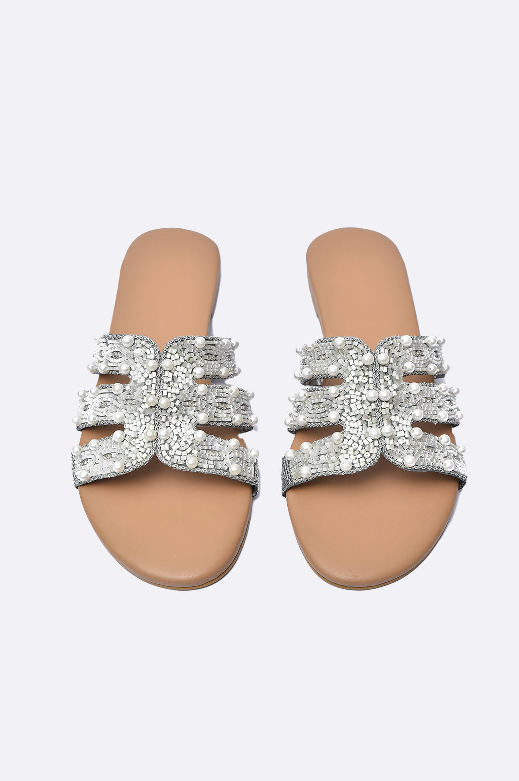 Cool Cami handmade flat sandal with pearl and sequin embellished multi-strap upper, tan sole, luxury women’s shoe from UAE.